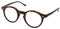 Round magnifying spectacles with the appearance of normal glasses. Brown mottled frames with small studded metal details on the temples and at the edges of the frames.